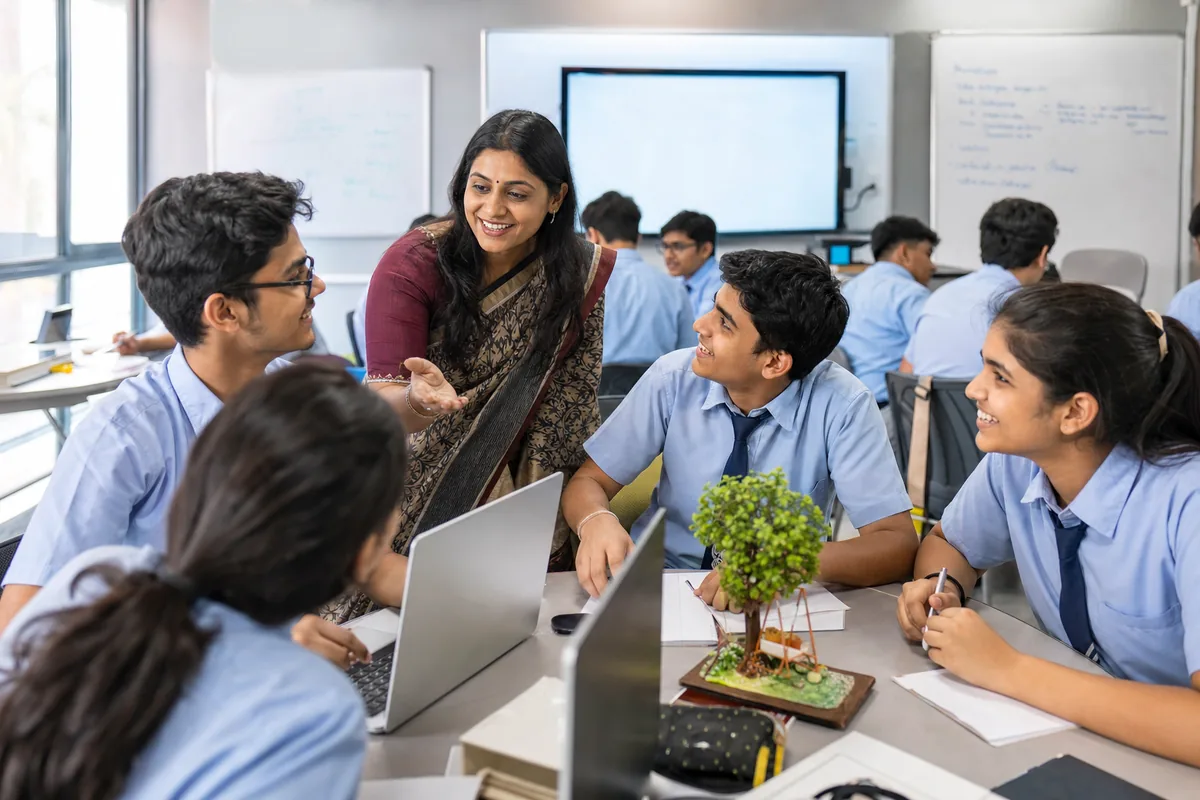 Teacher facilitating active group learning in a modern classroom